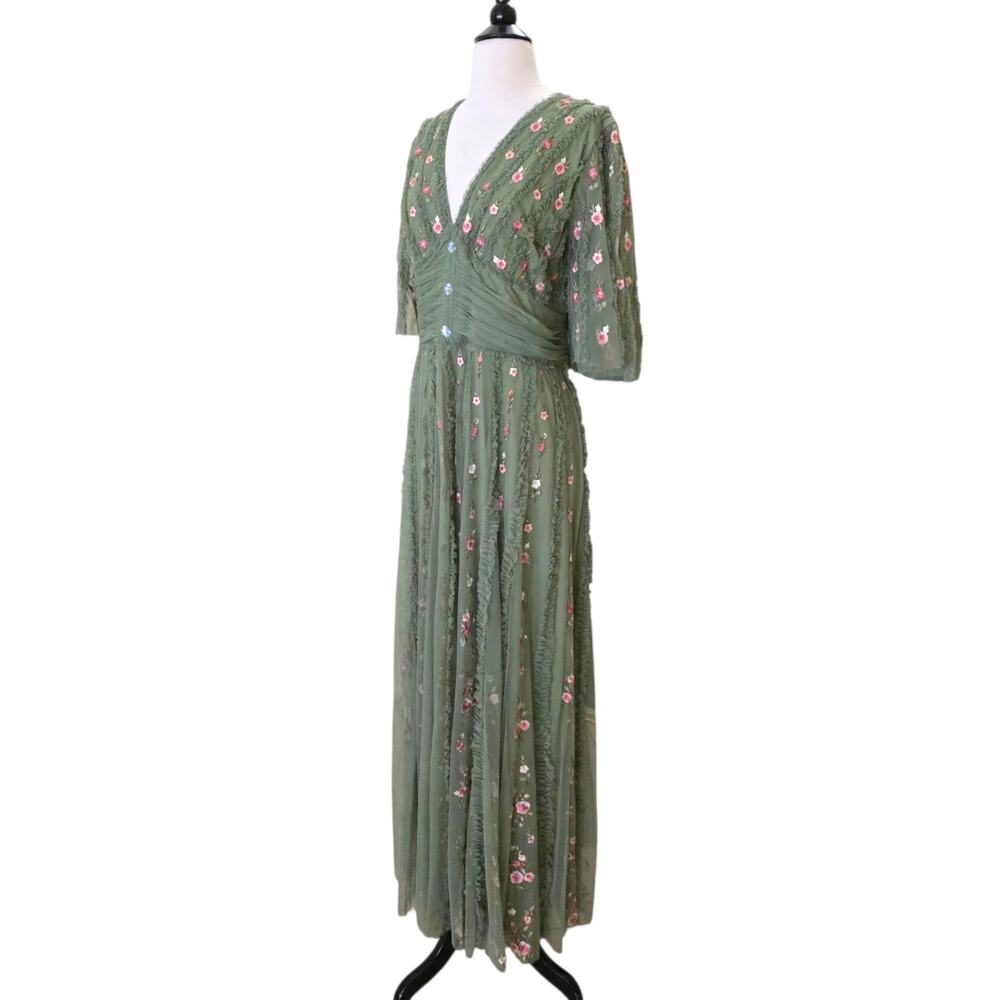 Mac Duggal 8028 Green Moss Floral Embroidered Tulle Gown Flutter Sleeve Dress 18 - Picture 9 of 14